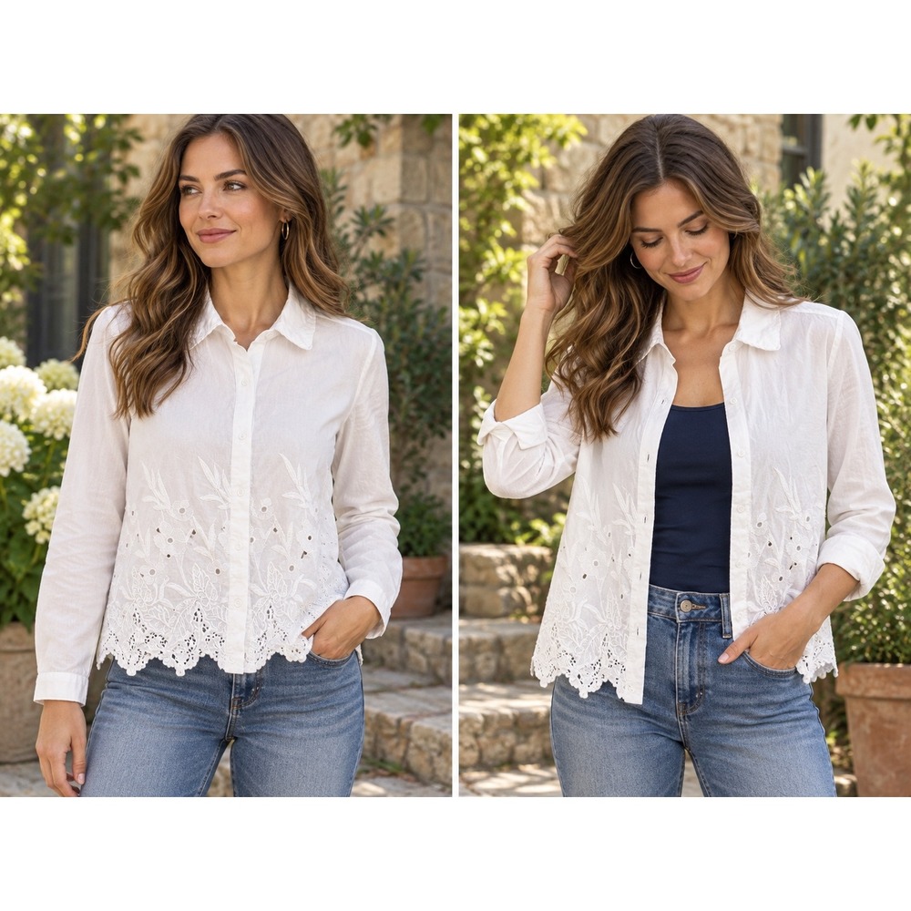 Joie White Embroidered Cotton Blouse Women Small Eyelet Scallop Hem Romantic